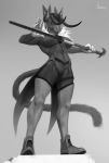  2019 anthro athletic biped cane clothed clothing demon domestic_cat felid feline felis female full_portrait greyscale holding_object holding_weapon honovy horn mammal melee_weapon monochrome solo sword weapon 
