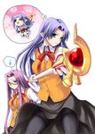  blue_eyes blue_hair caster chibi cosplay fate/stay_night fate_(series) glasses homurahara_academy_uniform long_hair long_sleeves lyrical_nanoha magical_girl mahou_shoujo_lyrical_nanoha multiple_girls pantyhose parody pointy_ears purple_eyes purple_hair raising_heart rider school_uniform soba_(saz) takamachi_nanoha takamachi_nanoha_(cosplay) 