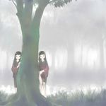  aya_(mushishi) behind_tree black_eyes black_hair grass ito_(mushishi) japanese_clothes kashmir kimono long_hair long_sleeves looking_at_viewer multiple_girls mushishi nature outdoors plant pond sash smile standing tree under_tree water 