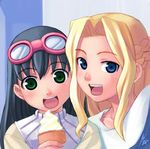  black_hair blonde_hair blue_eyes food goggles goggles_on_head green_eyes ice_cream ice_cream_cone jpeg_artifacts kasha_maverick long_hair looking_at_viewer lowres mizuki_gyokuran multiple_girls open_mouth silvia_ban soft_serve solty_rei 