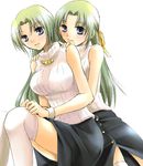  blue_eyes green_hair half_updo higurashi_no_naku_koro_ni long_hair multiple_girls oujima_tamaki siblings sisters skirt sonozaki_mion sonozaki_shion sweater thighhighs twins white_background zettai_ryouiki 