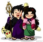  1girl anger_vein artist_request beads black_hair blush boomerang chibi face_slap_mark inuyasha japanese_clothes kesa kirara_(inuyasha) long_hair long_sleeves low-tied_long_hair lowres miroku_(inuyasha) monk ponytail prayer_beads sandals sango shakujou slap_mark staff tail 