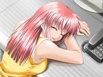 aoi_kyouka bare_arms closed_eyes corded_phone game_cg happy long_hair meshimase_idol phone red_hair shadow_(artist) sleeping sleeveless smile solo table 
