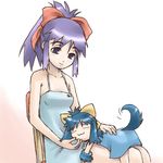  :3 artist_request bare_arms blue_eyes bow chibi collarbone dress hair_bow inu-t long_hair mama-t multiple_girls on_lap os-tan petting purple_hair red_bow short_hair sitting sleeveless sleeveless_dress smile tail yellow_bow 