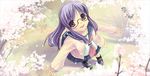  cardigan cherry_blossoms fairy glasses hiiro_yuki long_sleeves original pleated_skirt purple_eyes purple_hair school_uniform skirt solo 