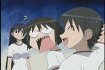  ? angry azumanga_daiou black_hair bob_cut brown_hair chihiro_(azumanga_daiou) gym_uniform kaori_(azumanga_daiou) long_hair multiple_girls open_mouth sakaki screencap sharp_teeth short_hair sweat teeth 