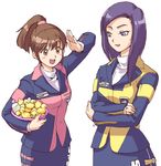  artist_request blush brown_eyes brown_hair crossed_arms emblem kodou_koume long_hair long_sleeves multiple_girls ponytail purple_eyes purple_hair reimon_marika rubber_duck s.p.d._uniform salute sentai super_sentai tokusou_sentai_dekaranger uniform 