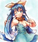  ;( artist_request blue_eyes blue_hair blush bow breasts choker frown inu-t looking_at_viewer lowres medium_breasts nipple_slip nipples off_shoulder one_eye_closed os-tan solo upper_body yellow_bow 