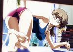 all_fours armpits ass bare_shoulders barefoot book bottle breasts brown_hair cameltoe cleavage feet frog from_behind glasses green_eyes halterneck ishihama_masashi large_breasts long_legs looking_back no_bra official_art ponytail r.o.d_the_tv read_or_die short_shorts shorts sideboob soles solo stuffed_animal stuffed_toy sumiregawa_nenene tank_top 