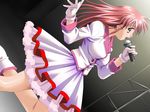  aoi_kyouka boots dutch_angle game_cg gloves idol leg_lift long_hair long_sleeves meshimase_idol microphone music open_mouth purple_eyes red_hair shadow_(artist) singing skirt solo white_gloves 