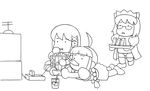  3girls ahoge artist_request chibi controller drinking_straw eating food game_cartridge game_console game_controller glass glasses greyscale lineart me-tan monochrome multiple_girls os-tan popcorn thighhighs white_background xp-tan 