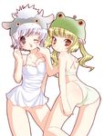  animal_costume artist_request ass blue_hair blush bra chemise cow_costume frog_costume green_bra green_hair green_panties hair_bobbles hair_ornament hat lingerie long_hair multiple_girls panties puppetmuppet short_hair standing tears underwear underwear_only white_panties 