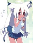  animal_ears breasts cat_ears cat_tail dark_skin holding holding_panties kokage-san kusaka_kokage leaning_forward medium_breasts miniskirt original panties shirt skirt sleeveless sleeveless_shirt solo tail underwear white_hair white_panties 