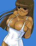  areolae blue_background breasts brown_hair bursting_breasts copyright_request dark_skin glasses large_breasts lowres matoyama one-piece_swimsuit school_swimsuit solo swimsuit white_school_swimsuit white_swimsuit 