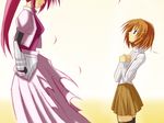  artist_request blue_eyes brown_hair clenched_hands crossed_arms fate/stay_night fate_(series) gauntlets hair_ornament long_sleeves lyrical_nanoha magical_girl mahou_shoujo_lyrical_nanoha mahou_shoujo_lyrical_nanoha_a's multiple_girls parody pink_hair ponytail seiyuu_connection signum ueda_kana x_hair_ornament yagami_hayate 