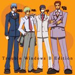  4boys 95-kun ahoge artist_request black_hair blonde_hair blue_hair buttons collared_shirt crossed_arms formal genderswap genderswap_(ftm) glasses jacket long_sleeves me-kun multiple_boys necktie orange_background os-tan pants red_hair shirt simple_background standing suit windows xp-kun 