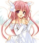  angel animal_ears bare_shoulders bunny_ears bunny_hair_ornament dress hair_ornament hands_clasped long_hair looking_at_viewer misha_(pita_ten) own_hands_together pink_hair pita_ten purple_eyes solo tsukamichi_fumi white_dress wings 