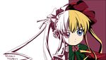  blonde_hair blue_eyes bonnet bow bowtie close-up closed_mouth copyright_name dress face flower ixy long_hair red_background red_dress rose rozen_maiden serious shinku sidelocks simple_background solo unfinished white_background 