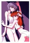  absurdres ass ayanami_rei blue_eyes blue_hair bow breast_press breasts camisole crop_top hair_bow highres leaning_forward midriff multiple_girls neon_genesis_evangelion orange_hair pale_skin panties red_eyes scan scan_artifacts short_hair small_breasts souryuu_asuka_langley standing takamura_kazuhiro underwear white_bow white_camisole white_panties yuri 