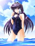  beach blush clannad cloud day fujibayashi_kyou long_hair one-piece_swimsuit otoki_raku outdoors purple_eyes purple_hair solo swimsuit water 