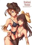  artist_request bikini_top brokeback_mountain cowboy_hat crossover fringe_trim hat multiple_girls parody red_hair short_shorts shorts thighhighs western yuri 