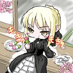  arm_support artoria_pendragon_(all) blonde_hair blush_stickers cherry_blossoms dango eating fate/stay_night fate_(series) food from_above gothic gothic_lolita kozimaki lolita_fashion long_sleeves lowres plate saber_alter sanshoku_dango sitting skewer solo wagashi yellow_eyes 