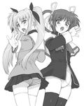  clannad company_connection cosplay fate_testarossa greyscale kanon key_(company) long_sleeves lowleg lowleg_panties lyrical_nanoha mahou_shoujo_lyrical_nanoha mahou_shoujo_lyrical_nanoha_a's monochrome multiple_girls panties seiyuu_connection shichimenchou striped striped_panties takamachi_nanoha tamura_yukari thighhighs twintails underwear 