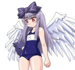  3.1-tan :o angel_wings artist_request aruma_(shinrabanshou) bangs blush body_blush bow clenched_hand flat_chest hair_bow holding long_hair looking_down multiple_wings name_tag one-piece_swimsuit os-tan red_eyes school_swimsuit shinrabanshou sidelocks silver_hair simple_background solo standing stuffed_animal stuffed_toy swimsuit very_long_hair white_background wings 