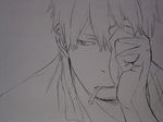  artist_request cigarette ginko greyscale hair_over_one_eye lowres male_focus monochrome mushishi smoking solo 