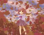  autumn_leaves brown_eyes brown_hair child kotobuki_keisuke leaf original outstretched_arms school_uniform serafuku short_hair skirt smile solo spread_arms wind 