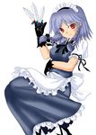  apron between_fingers black_gloves braid gloves izayoi_sakuya knife looking_at_viewer maid mirato puffy_short_sleeves puffy_sleeves red_eyes short_sleeves simple_background smile solo touhou twin_braids white_background 