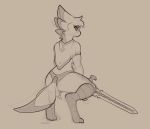  2019 anthro avian clothed clothing conditional_dnp crouching eyebrows feather_hair feathers female fully_clothed grey_background hair holding_object holding_weapon laefa_padlo looking_at_viewer looking_back melee_weapon qualzar scorchen short_hair simple_background solo sword tail_feathers weapon wide_hips 