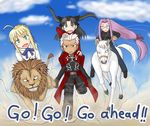  3girls archer artist_request artoria_pendragon_(all) bellerophon blonde_hair blouse carrying dark_skin dark_skinned_male fate/stay_night fate_(series) horse lion long_hair long_sleeves low-tied_long_hair multiple_girls piggyback rider riding saber toosaka_rin very_long_hair 