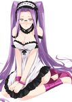  bad_source bare_shoulders blush breasts cleavage collarbone cosplay euryale euryale_(cosplay) fate/hollow_ataraxia fate/stay_night fate_(series) glasses headdress large_breasts long_hair mizuki_makoto pleated_skirt purple_hair rider shoes simple_background skirt solo very_long_hair white_background 