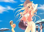  armpits artist_request ball beach beachball bikini blonde_hair canvas_(cocktail_soft) cloud day hat holding_beachball long_hair multiple_girls nanashiro_yuzu one_eye_closed orange_hair outdoors sakurazuka_ren shinomiya_yuu sky swimsuit tachibana_amane 