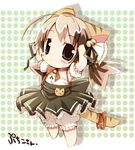  ahoge animal_ears armpits arms_up artist_request barefoot bell black_ribbon bloomers blush brown_eyes brown_hair cat_ears cat_tail character_name chibi choker detached_sleeves di_gi_charat dress flat_chest frilled_dress frills full_body green_skirt hair_bell hair_ornament hair_ribbon high-waist_skirt jingle_bell long_hair looking_at_viewer neck_ribbon orange_choker orange_ribbon pleated_skirt polka_dot polka_dot_background puchiko puffy_short_sleeves puffy_sleeves red_ribbon ribbon ribbon_choker short_sleeves simple_background skirt solo standing tail tail_ribbon tareme twintails underwear 