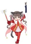  1girl animal_ears artist_request brown_hair cat_ears closed_eyes elbow_gloves fate/hollow_ataraxia fate/stay_night fate_(series) gloves hair_ribbon kaleido_ruby kaleidostick kotomine_kirei parody peeking_out red_gloves ribbon tail thighhighs toosaka_rin twintails 