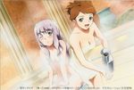  alternate_hairstyle arika_yumemiya bath blush breasts brown_hair cleavage convenient_arm green_eyes hair_censor hair_over_breasts hisayuki_hirokazu lavender_hair looking_at_viewer mashiro_blan_de_windbloom multiple_girls my-otome naked_towel nude official_art one_eye_closed skindentation smile steam towel yellow_towel 