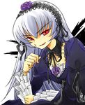 :d black_wings dress flower frilled_sleeves frills gofu hairband lolita_hairband long_hair long_sleeves looking_at_viewer open_mouth purple_dress red_eyes rose rozen_maiden simple_background smile solo suigintou upper_body white_background wings 