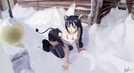  all_fours angel_wings bare_shoulders black_hair breasts cleavage commentary_request crawling demon_tail dragon_girl horns large_breasts monster_girl original saitou_atsushi signature snow solo tail wings 