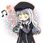  beamed_eighth_notes caren_hortensia chibi fate/hollow_ataraxia fate/stay_night fate_(series) grey_hair instrument keyboard_(instrument) layered_sleeves long_hair long_sleeves lowres melodica mosaic_background multicolored multicolored_background musical_note pantyhose saxyun solo yellow_eyes 