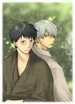  adashino-sensei artist_request back-to-back black_eyes black_hair cigarette ginko hair_over_one_eye japanese_clothes kimono long_sleeves multiple_boys mushishi short_hair silver_eyes silver_hair smoking yukata 