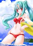  bikini blue_hair day front-tie_top innertube long_hair navel noto_(soranoto) original red_bikini red_eyes solo swimsuit twintails wading water 