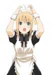  ahoge artoria_pendragon_(all) blonde_hair fate/stay_night fate_(series) green_eyes jpeg_artifacts luna_(reclaimed_land) maid open_mouth saber solo 