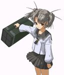  artist_request daiakuji grey_hair long_sleeves multishot_rocket_launcher orange_eyes pleated_skirt rocket_launcher school_uniform serafuku short_hair short_twintails skirt solo takega_satsu twintails weapon 