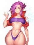  1girl bikini breasts cameltoe curvy ear_piercing earrings fumio_(rsqkr) highres jacket jewelry large_breasts long_hair looking_at_viewer navel nipples piercing purple_bikini purple_hair serious simple_background solo strapless swimsuit thick_eyebrows thick_thighs thighs tubetop white_background wide_hips yellow_eyes 