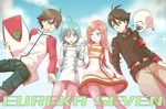  2girls :d ahoge anemone_(eureka_seven) animal artist_request blue_eyes blush brown_hair dominic_sorel eureka eureka_seven eureka_seven_(series) from_below green_hair gulliver hair_between_eyes holding_hands jacket looking_at_viewer multiple_boys multiple_girls open_mouth pink_eyes raglan_sleeves renton_thurston short_hair shorts simple_background smile standing surfboard sweatdrop turtleneck uniform 