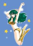 :d animal_print armpits arms_up artist_request bikini blue_background blush butt_crack fang green_eyes green_hair hair_between_eyes horn long_hair lum open_mouth sidelocks simple_background smile solo swimsuit tiger_print tooth twisted_torso urusei_yatsura 
