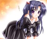  all_fours bare_shoulders blue_hair blush clannad dress frills hair_bobbles hair_ornament ichinose_kotomi long_hair long_sleeves looking_at_viewer otoki_raku parted_lips purple_eyes simple_background solo two_side_up 