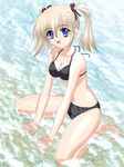  2003 :d barefoot bikini black_bikini blonde_hair blue_eyes breasts cleavage commentary looking_at_viewer masakichi_(crossroad) medium_breasts open_mouth original partially_submerged sitting smile solo swimsuit twintails wariza water 